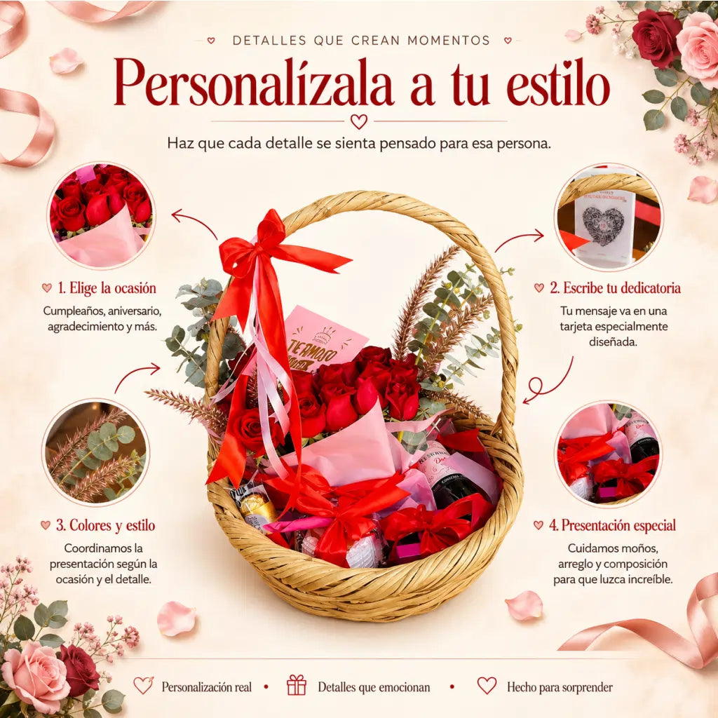 Canasta sorpresa personalizada con flores