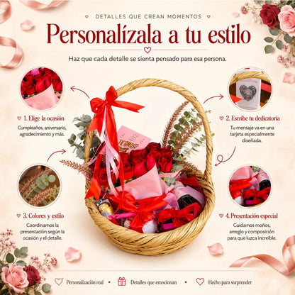 Canasta sorpresa personalizada con flores