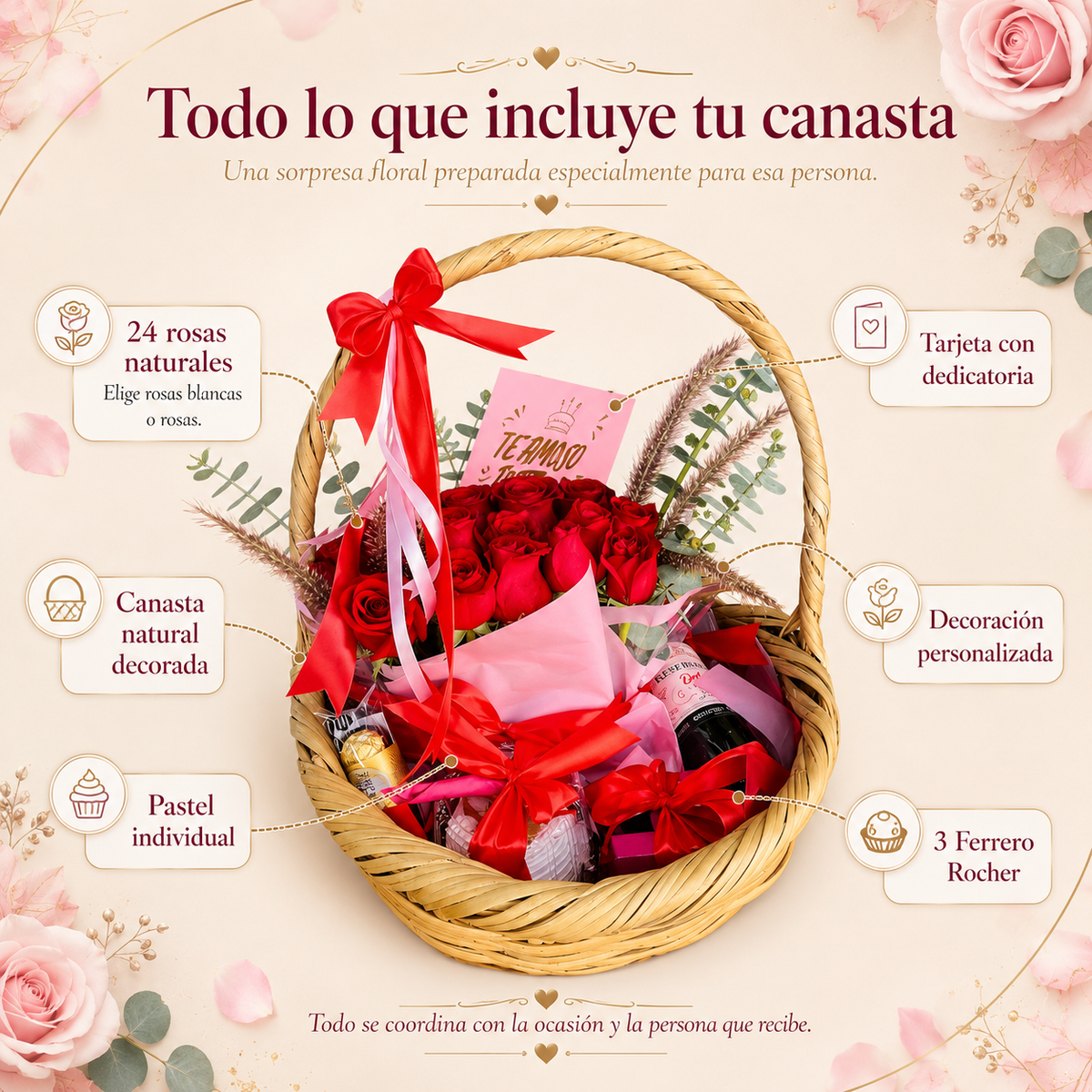 Canasta sorpresa personalizada con flores